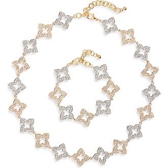 Natasha Two-Tone Pav&eacute; Crystal Flower Necklace & Bracelet Set in Gold/Silver at Nordstrom Rack
