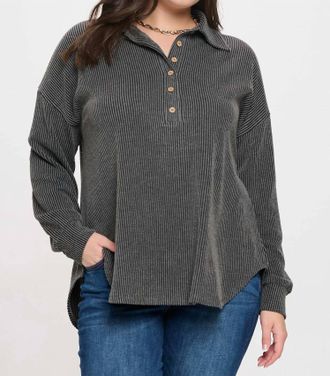 Blu Pepper Pinstripe Collared Half Button Knit Top - Plus In Charcoal