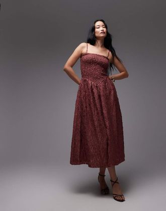 & Other Stories Vestito midi color rosa melagrana con spalline rimovibili, vita a V scesa e stampa a fiori 3D-Rosso