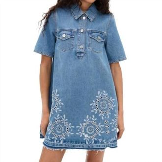 Ganni Broderie Anglaise Denim Mini Dress In Light Blue Stone