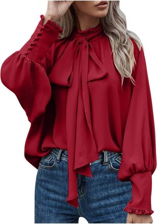 Generic Women Dressy Pullover Elegant Bow Tie Knot Mock Neck Top Ruffle Frill Lantern Sleeve Chiffon Shirts Ladies Office Work Longline Blouse Casual Loose-Fi