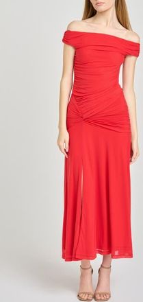 Wayf x Hannah Lovey Porter Margaux Off the Shoulder Ruched Dress (Nordstrom Exclusive) in Red at Nordstrom, Size X-Large
