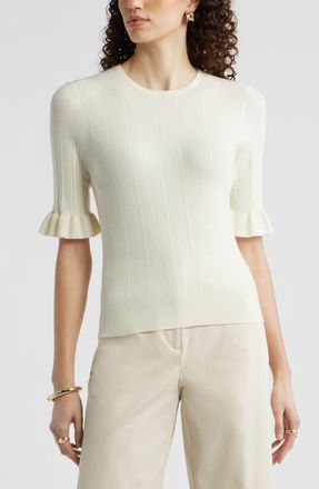 Nordstrom Pointelle Wool Blend Crewneck Sweater in Ivory Tofu at Nordstrom, Size Xx-Small