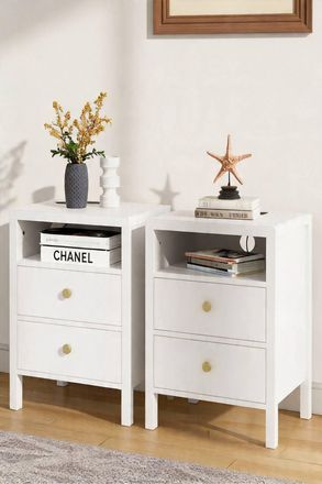 Living and Home 2Pcs Bedside Tables with Charging Station & Drawers in White