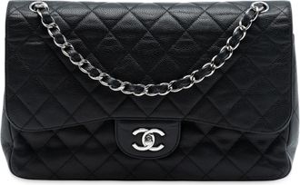 Chanel Pre-owned Womens Jumbo Classic Caviar Double Flap - Black Leather - One Size