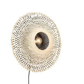 QAZQA Oriental L&aacute;mpara De Pared Inteligente De Bamb&uacute; 50 Cm Con Enchufe Incl. Wifi A60 - Rina Bamb&uacute; /acero Redonda Adecuado Para Led Max. 1 X 4.9 Watt - Qazq