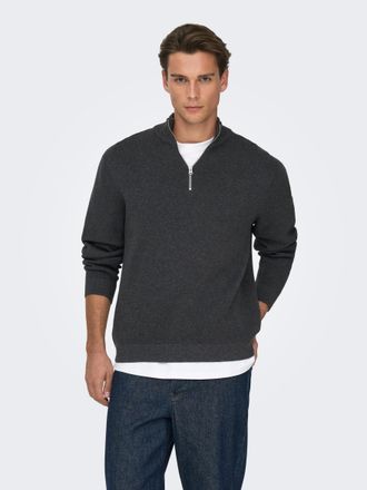 Only & Sons Troyer ONLY & SONS ONSTING LIFE REG HALF ZIP KNIT NOOS, Herren, Gr. XXL, dunkelgrau melange, Strick, Obermaterial: 100% Baumwolle, meliert, regular fi