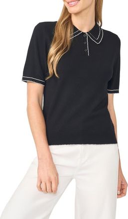CeCe by Cynthia Steffe Scalloped Trim Short Sleeve Polo Sweater in Rich Black at Nordstrom, Size X-Large