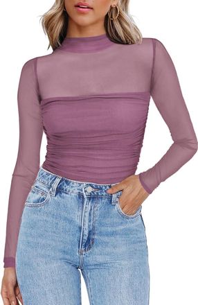 Zeagoo Mesh Tops for Women Long Sleeve Roll Neck Going Out Top Sexy Clubwear Transparent T-Shirt See Through Sheer Sleeve Blouse Purple XXL