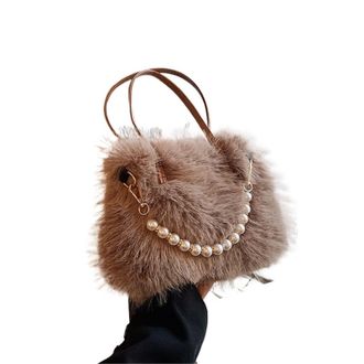 Generic Womens Plush Bags Winter Faux Fur Crossbody Bags For Womens Gift, Pearl Chain Decor Shoulder Bag, Ladies Handbags Top-handel(Coffee)
