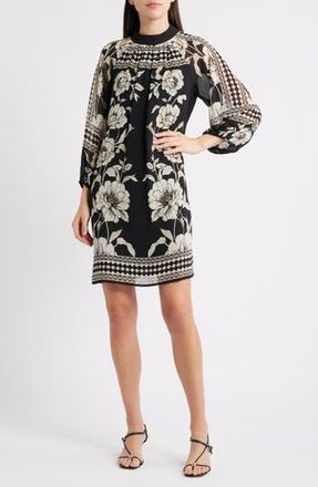 Halogen Print Long Sleeve Shift Dress in Rich Black at Nordstrom Rack, Size X-Small