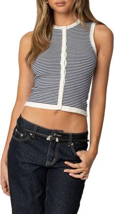 Edikted Everson Stripe Sleeveless Knit Crop Top in Cream-And-Navy at Nordstrom, Size X-Small