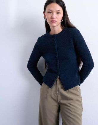 Topshop Cardigan in maglia color blu navy con bottoni rivestiti