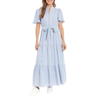 London Times Stripe Short Sleeve Cotton Seersucker Maxi Dress in Blue/White at Nordstrom Rack, Size 14