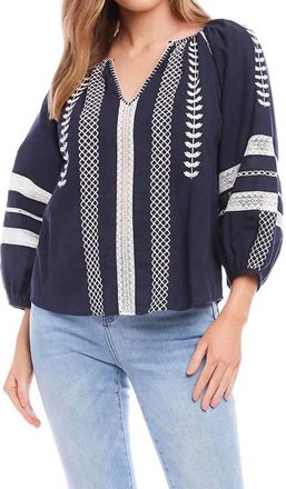 Karen Kane Nora Embroidered Peasant Top In Navy/ White