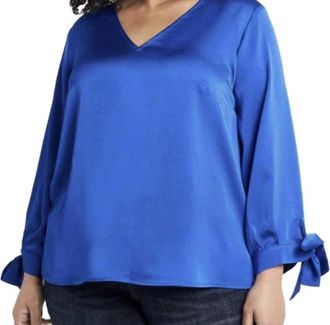 CeCe by Cynthia Steffe V Neck Tie Sleeve Blouse In Blue