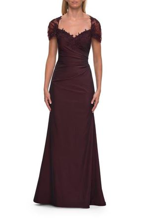 La Femme Embroidered Lace Sleeve Gown with Keyhole Back in Dark Berry at Nordstrom, Size 12