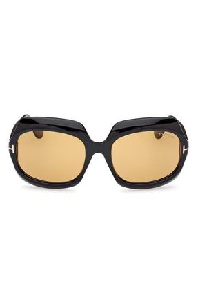 Tom Ford Ren 60mm Geometric Sunglasses in Shiny Black/brown at Nordstrom