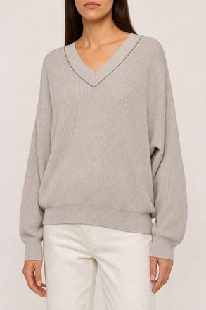 Brunello Cucinelli WomenS 100% Cotton Monili Bead V Neck Sweater Nwt, Size XXL