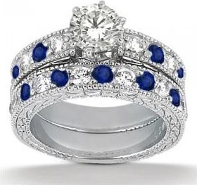 Allurez Antique Diamond & Blue Sapphire Bridal Set 14k White Gold (1.80ct)