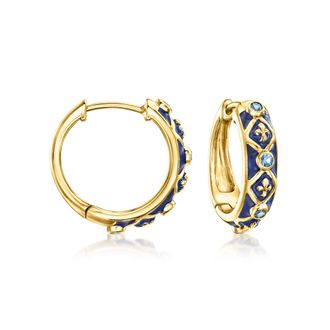 Ross-Simons Sapphire and Blue Enamel Fleur-De-Lis Hoop Earrings in 18kt Gold Over Sterling