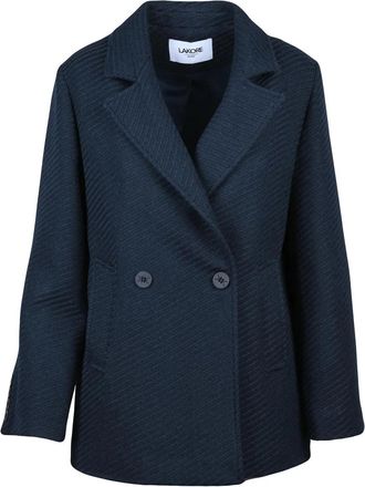 La Kore Navy Blue Double-Breasted Wool-Blend Short Coat