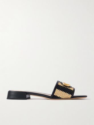 Valentino Garavani Slide In Rafia A Righe Con Finiture In Pelle E Decorazione Vlogo - Nero