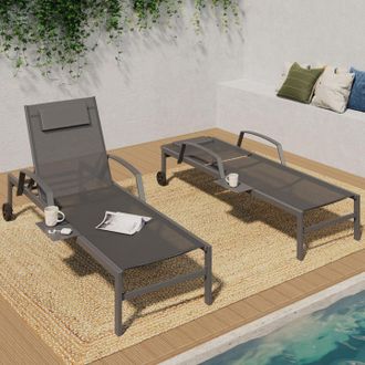 IDMarket Lote De 2 Tumbonas De Jard&iacute;n Reclinables Java Con Estantes De Acero Gris Y Tela Gris