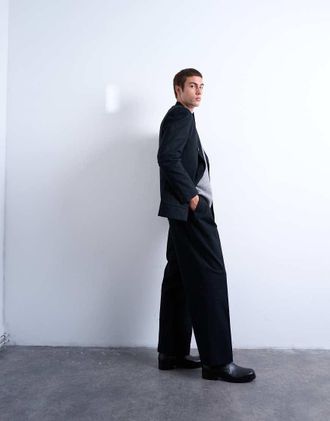 Topman Pantaloni da abito a fondo ampio in misto lana blu navy a righe