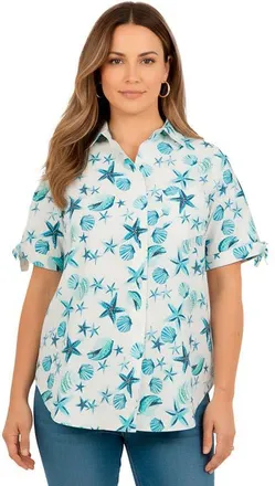 Roaman's Tie Sleeve Button Down Shirt in Deep Turquoise Seashells at Nordstrom, Size 14