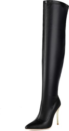 Generic Womens Pointed Toe Party Prom Shoes PU Leather Thigh High Boot with Zipper Stiletto High Heel Over The Knee Boots,Black,7.5 UK
