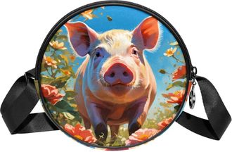 Generic Circle Crossbody Bag for Women, Pig Flower Small Sling Bag Daypack with Zipper Adjustable Shoulder Straps Casual Ladies Girls Round Purse