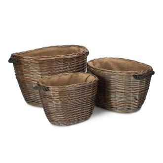 Red Hamper Set 3 Oval Hessian Lined Wicker Log Baskets in Brown