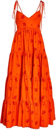 Erdem Floral-Embroidered Tiered Cotton-Poplin Midi Dress Size XL