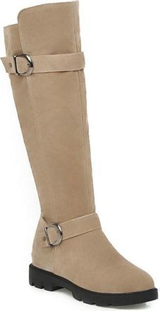 Generic Womens Knee High Riding Boots with Buckle Strap Side Zipper Comfort Round Tow Hidden Wedge Heel Winter Dress Shoes (5.5,Apricot)