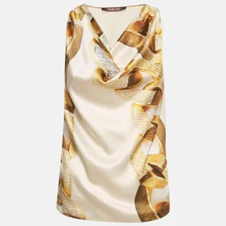 Roberto Cavalli Beige Printed Silk Cowl Neck Sleeveless Blouse