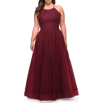 La Femme Tulle Gown with Lace Bodice and High Neckline in Wine at Nordstrom, Size 16W