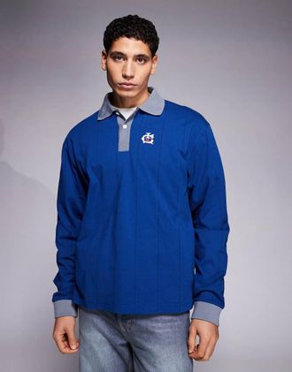 Icecream Polo a maniche lunghe blu navy con colletto a contrasto e motivo gessato