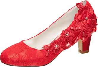 Emily Bridalwear Wedding Shoes Womens Silk Like Satin Chunky Heel Pumps with Stitching Lace Flower Crystal Pearl (EU41/UK7.5, Red)