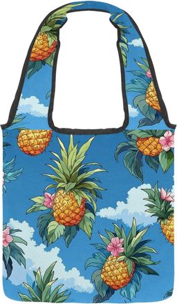 Generic Tropical Pineapple Fruit Reversible Canvas Shoulder Tote - Double-Sided Print, 12oz Cotton, 27cm Drop, Fold-Flat Bag for Travel, Shopping, Street Outi
