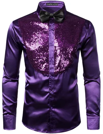 PARKLEES Mens Shiny Sequins Design Silk Like Satin Button Up Disco Party Dress Shirts Purple XL