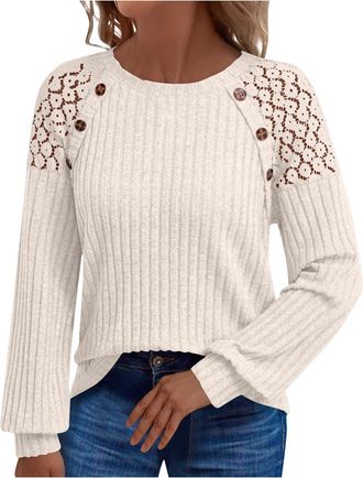 Generic Jumpers for Women Long Sleeve Tops Fall Elegant Jumper for Womens Tunic Pullover Crew Neck Slim Fit Lace Hollow Out Knitted Sweaters Soft Trendy Vacat