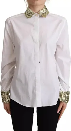 Dolce & Gabbana White Cotton Collared Long Sleeves Sequin Top Womens Shirt (Pre-Owned)
