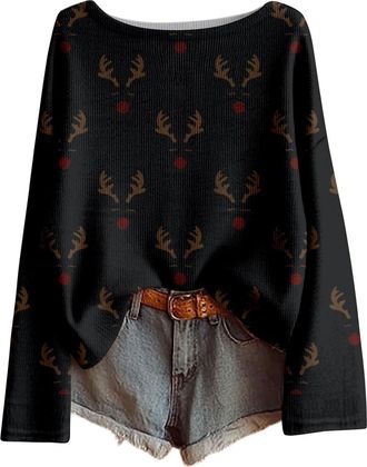 Generic Womens Christmas T Shirts Funny Christmas Funny Xmas Tree Snowman Print Tops Loose Long-Sleeved Sweater Casual Pullover Knitted Top with Multiple Desi