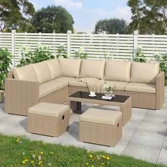 Direct Wicker Garden Corner Sofa Set Rattan Furniture with Coffee Table Stools in Beige | Size: 4 Pack
