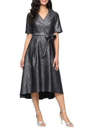 Alex Evenings Faux Wrap Metallic Jacquard Cocktail Midi Dress in Gunmetal at Nordstrom Rack, Size 14