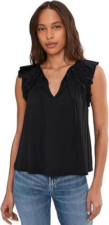 Liverpool L.A. Flutter Sleeve Knit To Woven Top With Ties Womens Clothing Black : MD, Bamboo/Viscose