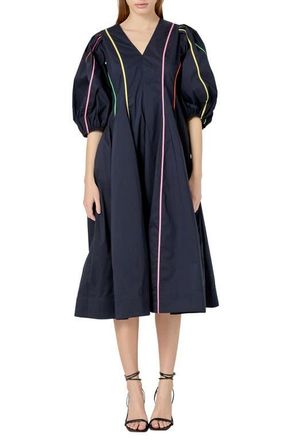 English Factory Contrast Trim Puff Sleeve Cotton Blend Midi Dress in Navy Multi at Nordstrom, Size X-Small