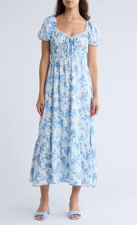 August Sky Floral Puff Sleeve Midi Dress in Blue Multi at Nordstrom Rack, Size Medium