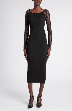 Valentino Garavani Lace Long Sleeve Rib Virgin Wool Blend Sweater Dress in Black at Nordstrom, Size X-Small